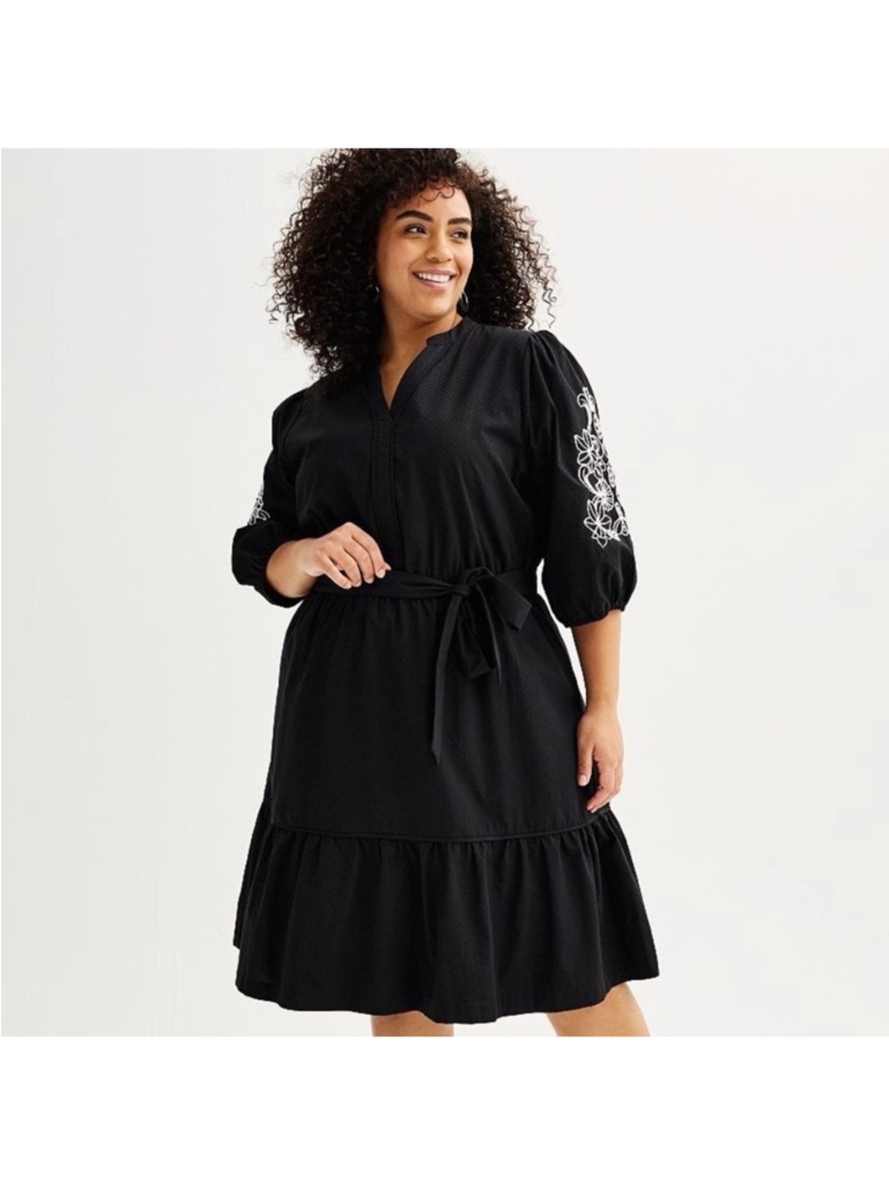 Draper James Black embroidered Balloon Sleeve Tiered Midi Dress - Picture 2 of 6